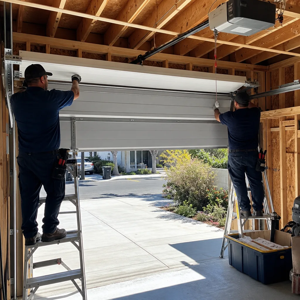 Two technicians professionally installing a new residential garage door.