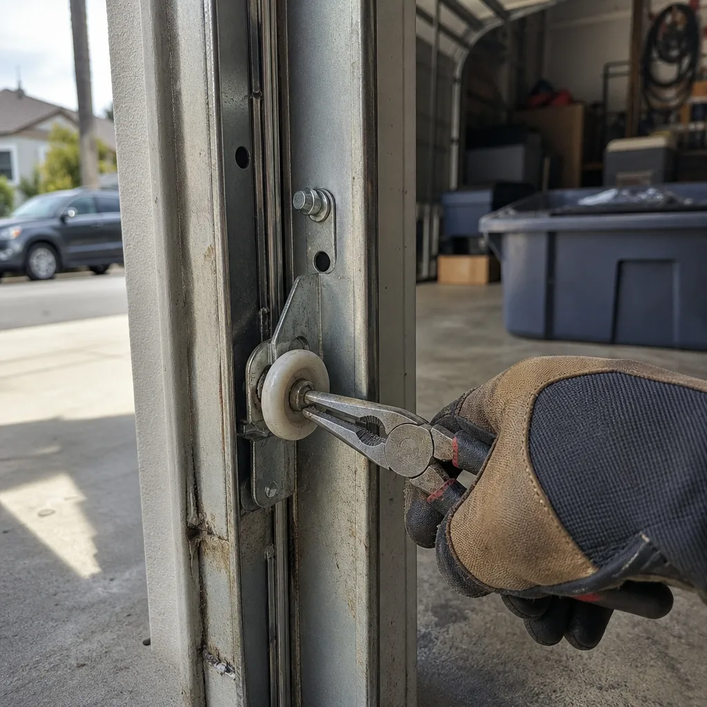 Technician using pliers to repair a garage door roller