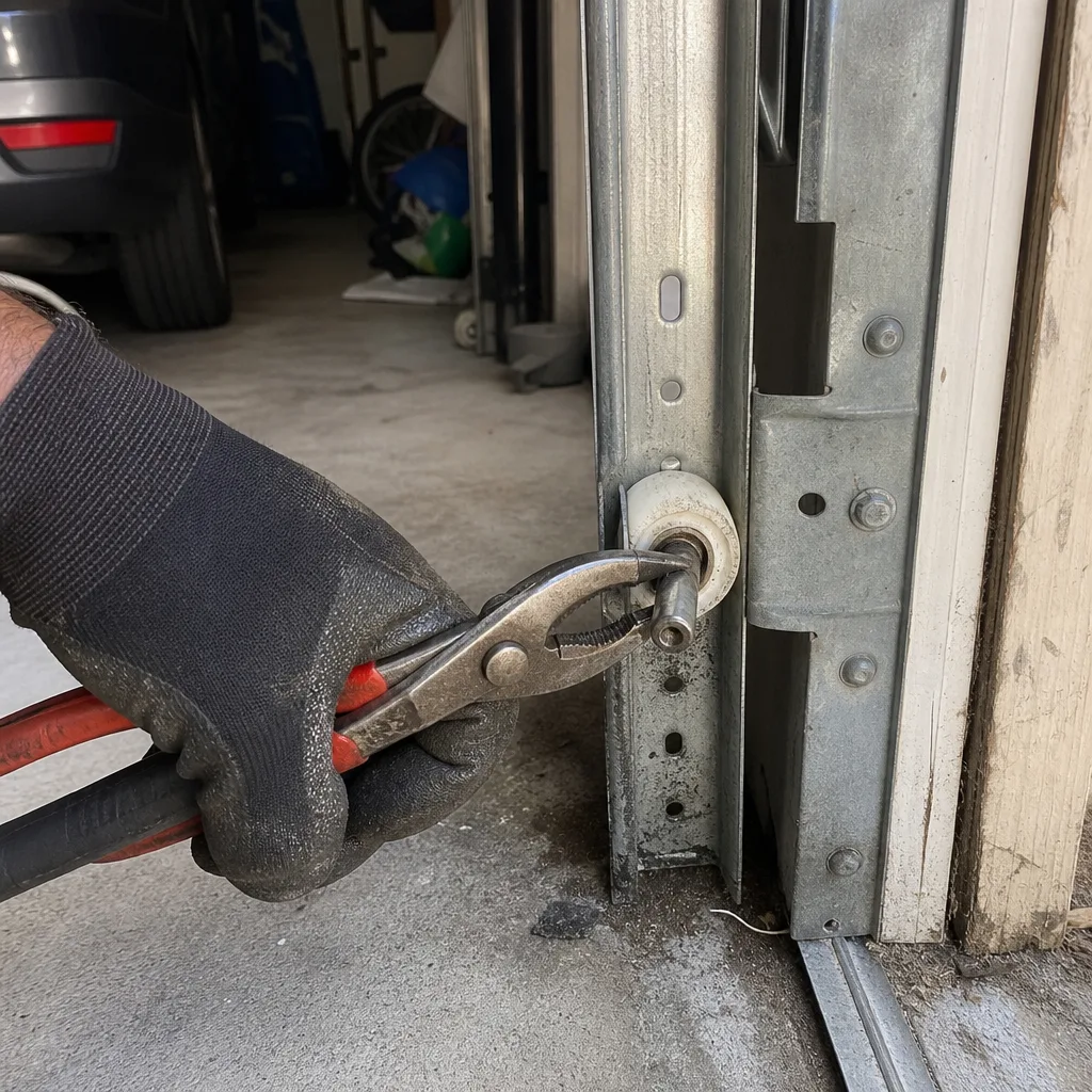 Technician using pliers to perform garage door roller repair