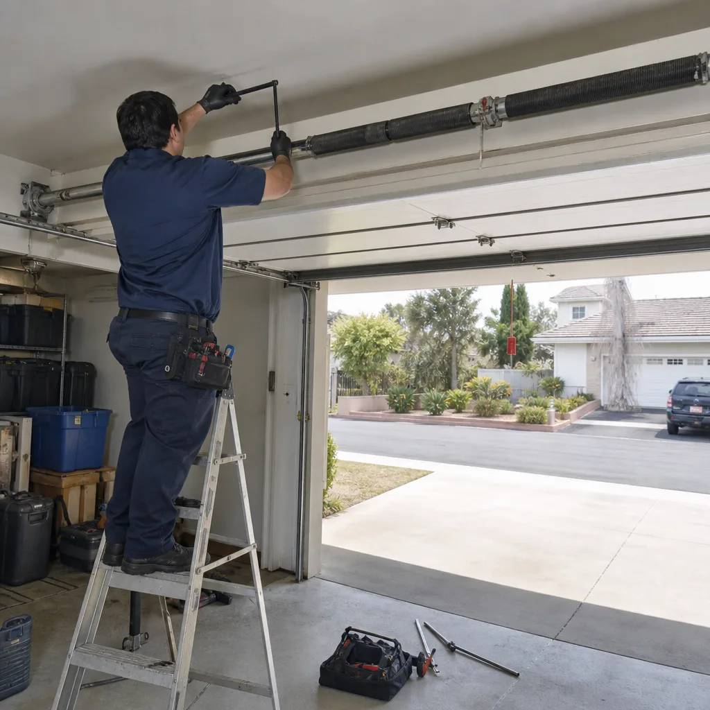 Technician performing professional garage door spring repair and maintenance