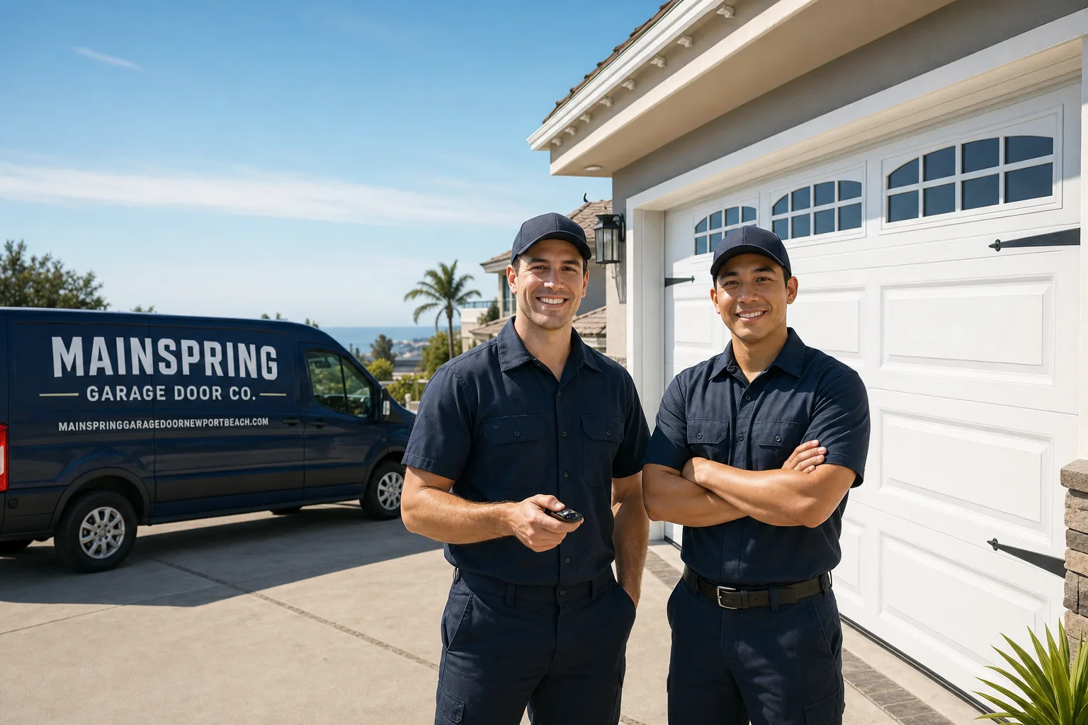 Mainspring Garage Door Co. garage door service vehicle and crew in Newport Beach, CA